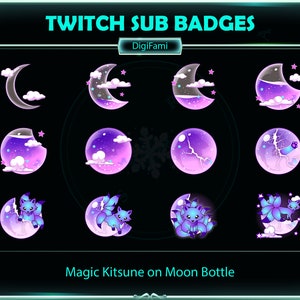 Purple Liquid Moon Magic Fox Twitch Sub Badges, Moon Bottle Purple Fox Twitch Sub Badges, Kitsune on Moon Sub Badges for Streamers
