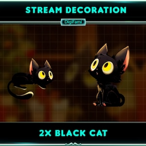 Cute Black Cat Animated Stream Decoration, Cute Black Kitten Twitch Decoration, Black Cat Twitch Overlays for Streamers, OBS, StreamLabs
