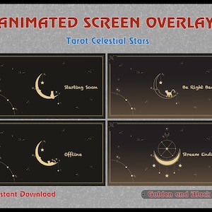 Animated Screen Moon Cat Twitch Overlays / Celestial Twitch Scenes / VTuber Overlay, OBS / Gold Moon Stars / Starry Sky / Gold Cat