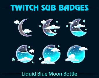 Blue Liquid Moon Twitch Sub Bit Badges / Cyan Moon Bottle Twitch Sub Badge / Kawaii Sub Badges for Streamers, YouTubers, Tiktokers, OBS