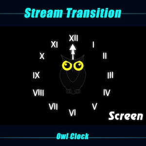 Puede incluir: Gráfico digital con una esfera de reloj con números romanos y un búho negro con ojos amarillos en el centro. También se muestra el texto "Stream Transition", "Screen A" y "Owl Clock".