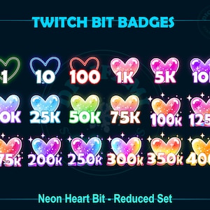 Reduced Neon Crystal Heart Twitch Bit Badges Set, Neon Heart Twitch Bit Badges, Crystal Heart Bit Badges for Streamers, Discord, YouTubers
