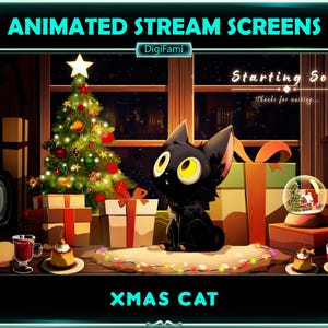 Animated Stream Screen Overlay Cute Christmas Black Cat, Cute Christmas Kitty Twitch Overlay, Christmas Cat Stream Overlay for Streamer, OBS