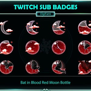 Może przedstawiać: Dziewięć różnych odznak subskrypcji Twitch przedstawiających nietoperza w butelce z krwistoczerwonym księżycem. Odznaki są w różnych etapach animacji, z latającym nietoperzem, zmieniającym kształt księżycem i pękającą butelką. Widoczny jest również tekst "DigiFami" i "Bat in Blood Red Moon Bottle".