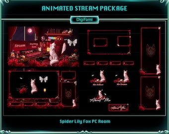 ANIMATED Stream Overlay Package Spider Lily Fox PC Room, Spider Lily Fox Twitch Overlay Package, Lycoris Game Stream Room for Streamers