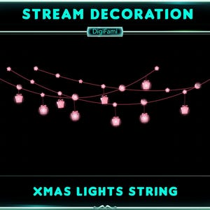 May include: Pink and white Christmas lights string with gift boxes hanging from it. The string is on a black background. The text "STREAM DECORATION" and "XMAS LIGHTS STRING" is on the image.