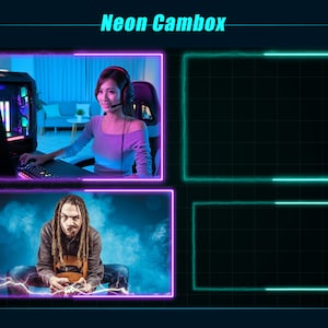 Puede incluir: Gráfico digital con el texto "Neon Cambox" en la parte superior. La imagen presenta dos secciones enmarcadas en neón con personas dentro y dos secciones enmarcadas en neón vacías. Una sección muestra a una persona jugando y la otra a una persona sosteniendo un controlador de juego.