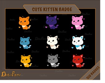 May include: A set of nine cute kitten badges featuring different colored kittens with hearts. The text "CUTE KITTEN BADGE" is at the top of the image and "SUD BADGES" is at the bottom right corner.