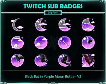 Galaxy Purple Liquid Moon Black Bat Twitch Sub Badges, Galaxy Purple Moon Bottle Black Bat Twitch Sub Badge for Streamers