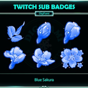 Blue Sakura Twitch Sub Bit Badges, Blue Cherry Blossom Twitch Sub Badge, Kawaii Sub Badges for Streamer, YouTuber, Tiktok, OBS, Streamlabs