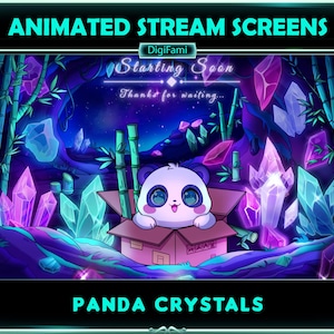 Puede incluir: Pantalla de transmisión animada con un panda en una caja, rodeado de cristales y bambú. El texto dice "Starting Soon" y "Thanks for waiting..." en un entorno de bosque de fantasía. El texto inferior dice "Panda Crystals".