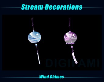 May include: Two decorative wind chimes with glass orbs. The first wind chime has a blue orb with white swirling lines. The second wind chime has a purple orb with pink cherry blossoms. Both wind chimes have a purple tassel and a white paper streamer.