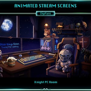May include: Animated stream screens with a knight theme. The image shows a knight PC room with a knight figurine, a computer, and a moonlit window. Text on the screen says "Starting Soon". The overall color scheme is dark blue and brown.