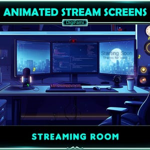 Puede incluir: Una ilustración de dibujos animados de una configuración de sala de streaming con un escritorio, tres monitores, un micrófono, un teclado, un ratón, una silla de juego y altavoces. Los monitores muestran un horizonte urbano, código y un mensaje "Comenzando pronto". El texto "DigiFami" es visible en la esquina superior izquierda.