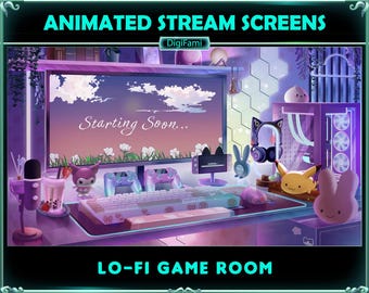 Lofi PC Room Animated Twitch Overlays, Lofi Purple Blue Game Room Stream Screen Overlays for Streamers, OBS, StreamLabs