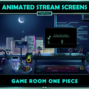 May include: A digital illustration of a gamer's room with a cityscape view at night. The room features a computer monitor with a game loading screen that says "Starting Soon..." and a dinosaur character. There are also two small figures, a headset, a glass of water, a plate of fruit, and a controller.
