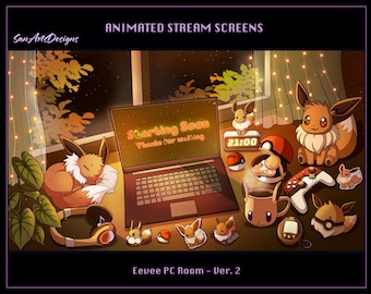 Gold Evee PC Desk Animated Twitch Overlays, Lofi Evee PC Desk Stream Overlays, Evee Twitch Screen Overlays for Streamers