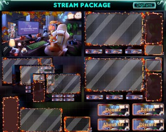 Fox in Fall PC Room Animated Twitch Overlay Bundle, Fox in Autumn Game Room Stream Overlay Bundle for Streamers - Night Version
