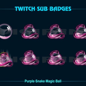 Peut inclure: Badges d'abonnement Twitch animés représentant un serpent violet enroulé autour d'une boule magique. La boule est remplie d'un liquide rose et a un effet lumineux. Les badges sont dans différentes phases d'animation, montrant le serpent s'enroulant autour de la boule et la boule qui brille.