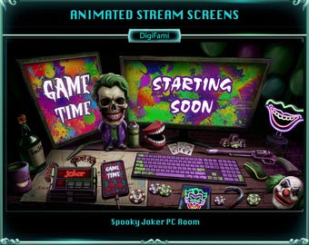 Scary Joker PC Desk Animated Stream Overlays, Halloween Spooky Joker PC Desk Animated Twitch Overlays for Streamers