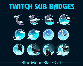 Blue Liquid Moon Black Cat Twitch Sub Badges, Blue Moon Bottle Black Cat Twitch Sub Badge for Streamers, YouTubers, Tiktokers, OBS