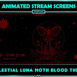 Animierte Bildschirme Blood Red Celestial Luna Moth, Blood Red Celestial Animated Twitch Overlays für Streamer, OBS, Streamlabs