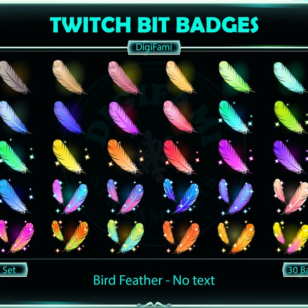 Insignes d'embouts Twitch plumes d'oiseau néon, Insignes d'embouts Twitch plumes d'oiseau colorées, Insignes d'embouts coeur en cristal pour streamers, Discord - Sans texte