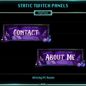 May include: Two rectangular static Twitch panels labeled CONTACT and ABOUT ME. The design features a purple-toned desk setup with a keyboard, open book, skull, candles, and witch hats. The text DigiFami and Witchy PC Room are visible.