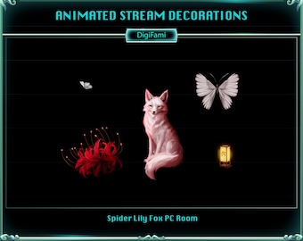 Spider Lily Fox Animated Twitch Decorations, Spider Lily  White Fox Stream Decorations, Red Spider Lily Fox Stream Stuffs for Streamers