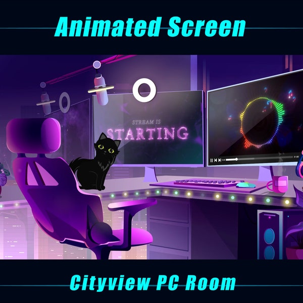 Animated Twitch Overlays Black Cat in Cityview PC Set-up Room, Cityview PC Room Animated Stream Scene Overlays for Streamer, OBS, Streamlabs