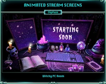 Witchy PC Desk Animated Stream Overlays, Halloween Witchy PC Desk Animated Twitch Overlays, Witchy Room Twitch Overlays for Streamers