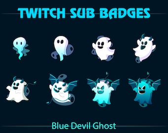 May include: A set of eight Twitch sub badges featuring a blue and white ghost with devil horns and wings. The badges progress from a simple ghost to a fully formed devil ghost.