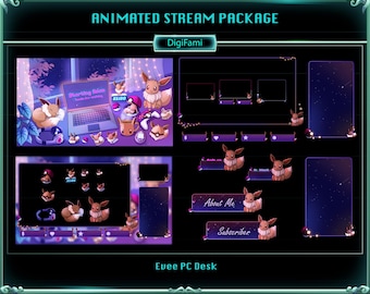 Evee PC Desk Animated Twitch Overlay Bundle, Lofi Evee PC Desk Stream Overlay Bundle for Streamers, OBS, StreamLabs
