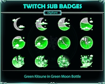 Distintivi di abbonamento Twitch Green Liquid Moon Green Fox, Distintivi di abbonamento Twitch Green Bottle Green Fox, Distintivi di abbonamento Kitsune on Moon per streamer