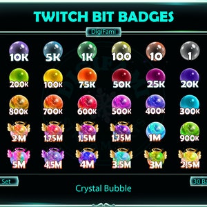 May include: A set of 30 Twitch Bit Badges for the Crystal Bubble theme. The badges are in various colors and feature different amounts of bits, ranging from 1 to 5 million.
