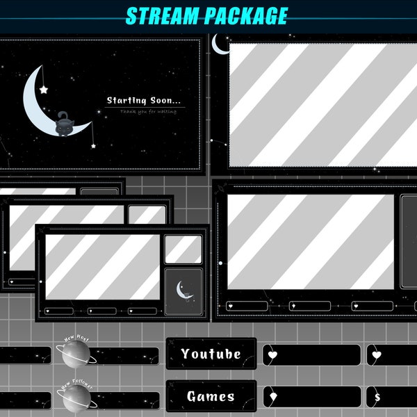 Animated Scenes Black Cat Twitch Overlay Package / Celestial Stream Package / Vtuber Overlay, OBS / Silver Moon Stars