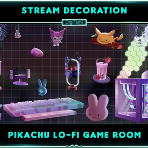 Könnte beinhalten: Eine digitale Illustration eines Pikachu-Gaming-Raums mit einem violetten Computergehäuse, einer Tastatur mit rosa Tasten, einem Mikrofon, einem rosa-weißen Hasen-Plüschtier, einer rosa-weißen Blume, einem rosa-weißen Mikrofon, einem rosa-weißen Pokémon-Charakter, einem rosa-weißen Pikachu-Charakter und einem grün-weißen Wabenmuster.