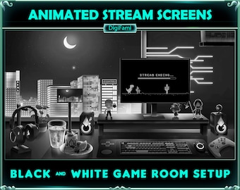 May include: A black and white illustration of a gamer's setup with a computer monitor displaying a game with the text "STREAM ENDING..." on the screen. The setup includes a keyboard, a controller, a headset, a glass of water, and a plate of fruit. The background is a cityscape at night.