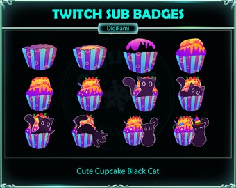 Badges secondaires Twitch Cupcake chat noir mignon, Badge secondaire Twitch Cupcake chat noir mignon pour streamers, YouTubers, Tiktokers, OBS