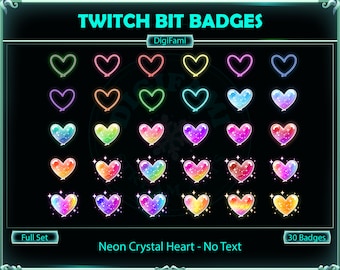 Może przedstawiać: Zestaw 30 odznak Twitch bit z neonowymi kryształowymi sercami w różnych kolorach. Odznaki są ułożone w rzędach po pięć, przy czym każdy rząd ma inny schemat kolorów. Wszystkie odznaki mają kształt serca i świecą. Pod odznakami widnieje tekst "Neon Crystal Heart - No Text".