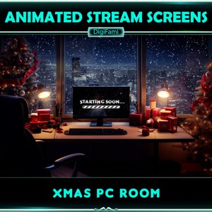 May include: A computer desk with a Christmas tree on each side, a computer monitor displaying a "Starting Soon..." message, and a city skyline view outside the window. The desk is decorated with Christmas lights and presents. The text "DigiFami" and "Xmas PC Room" are displayed on the image.