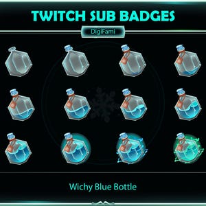 May include: A collection of Twitch sub badges featuring stylized, transparent blue bottles with varying levels of liquid and decorative elements. The text "TWITCH SUB BADGES" and "Wichy Blue Bottle" are displayed in the image.