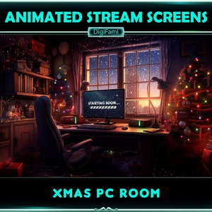 May include: A computer desk with a Christmas tree and a window with snow falling outside. The computer screen says "Starting Soon..." and the desk is decorated with Christmas lights. The text "Xmas PC Room" is at the bottom of the image.