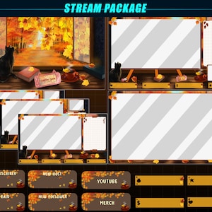 Animated Twitch Overlay Package, Cat by Fall Window Animated Stream Package, Autumn Cozy Desk Fall Twitch Overlays for Streamer, OBS, Vtuber