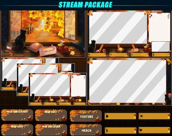 Op de afbeelding: Een digitaal streampakket met een herfstthema. Het pakket bevat verschillende overlays, panelen en meldingen. De overlays tonen een raam met uitzicht op een herfstbos, een kopje koffie en een boek. De panelen omvatten een chatbox, een donatiepaneel en een social media-paneel. De meldingen omvatten een nieuwe abonneemening, een nieuwe hostmelding, een nieuwe volgermelding en een nieuwe raidmelding.