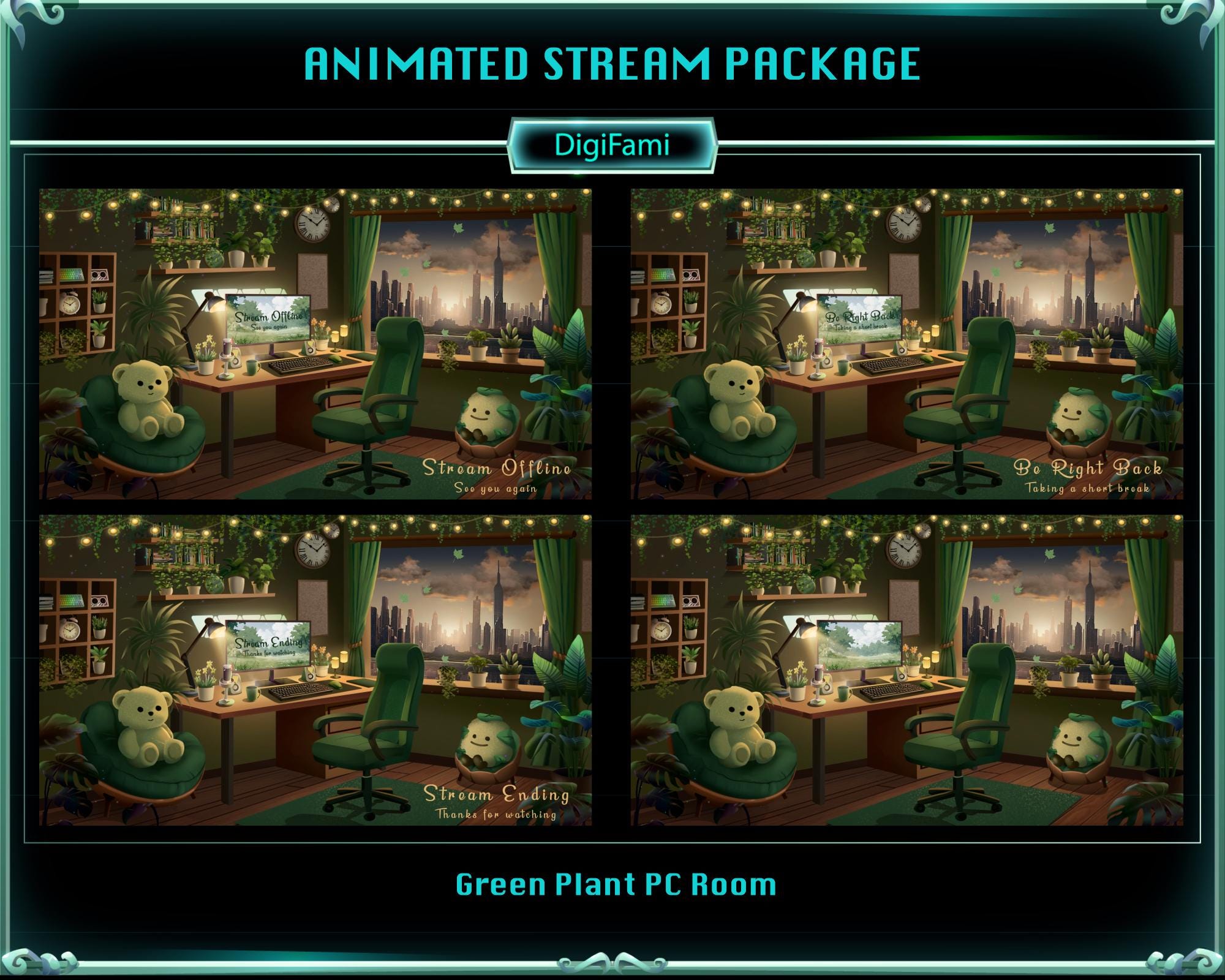 ANIMATED Stream Overlay Package Green Plant PC Room, Green Plant PC ...