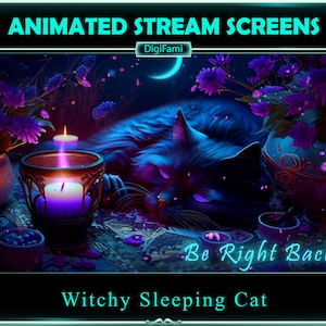 ANIMATED Twitch Stream Overlays Witchy Sleeping Cat, Witchy Garden Animated Stream Screens, Witchy Twitch Overlays for Streamers