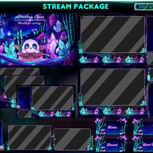 Könnte beinhalten: Ein digitales Stream-Paket mit einem Panda in einer Kiste, Bambus und Kristallen. Das Paket enthält mehrere Bildschirme mit einem dunkelblauen und violetten Farbschema, mit Text wie "Stream Package", "Starting Soon" und "DigiFami".