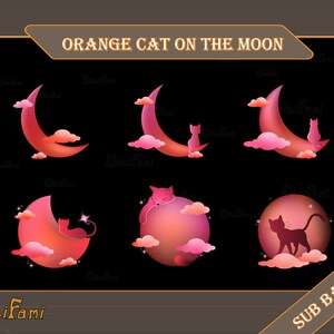 Könnte beinhalten: Sechs verschiedene Abzeichen mit einer orangefarbenen Katze auf einem rosafarbenen Halbmond. Die Katze ist in verschiedenen Posen, darunter schlafend, sitzend und gehend. Der Text "Orange Cat on the Moon" befindet sich oben im Bild. Der Text "Sub Badges" befindet sich unten im Bild.