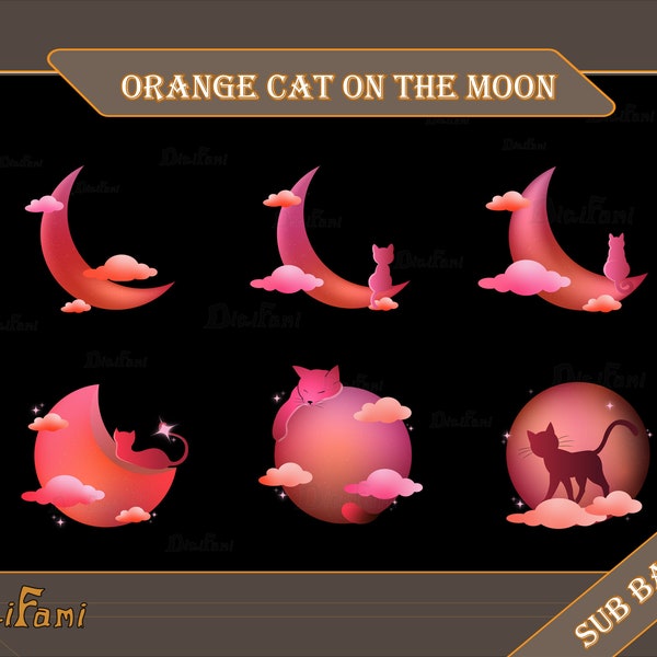 Rose Cat and Moon Twitch Sub Bit Badges / Artwork for Streamers / Orange Sparkle Moon and Cat / Kawaii Moon and Cat Collection